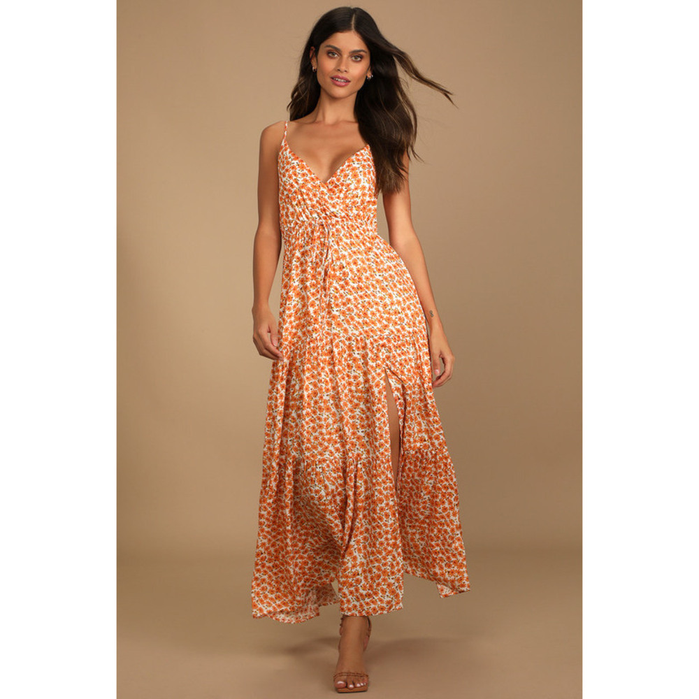 Lulus Forever Blooming Orange Floral Print Tiered Maxi Dress - Size XL